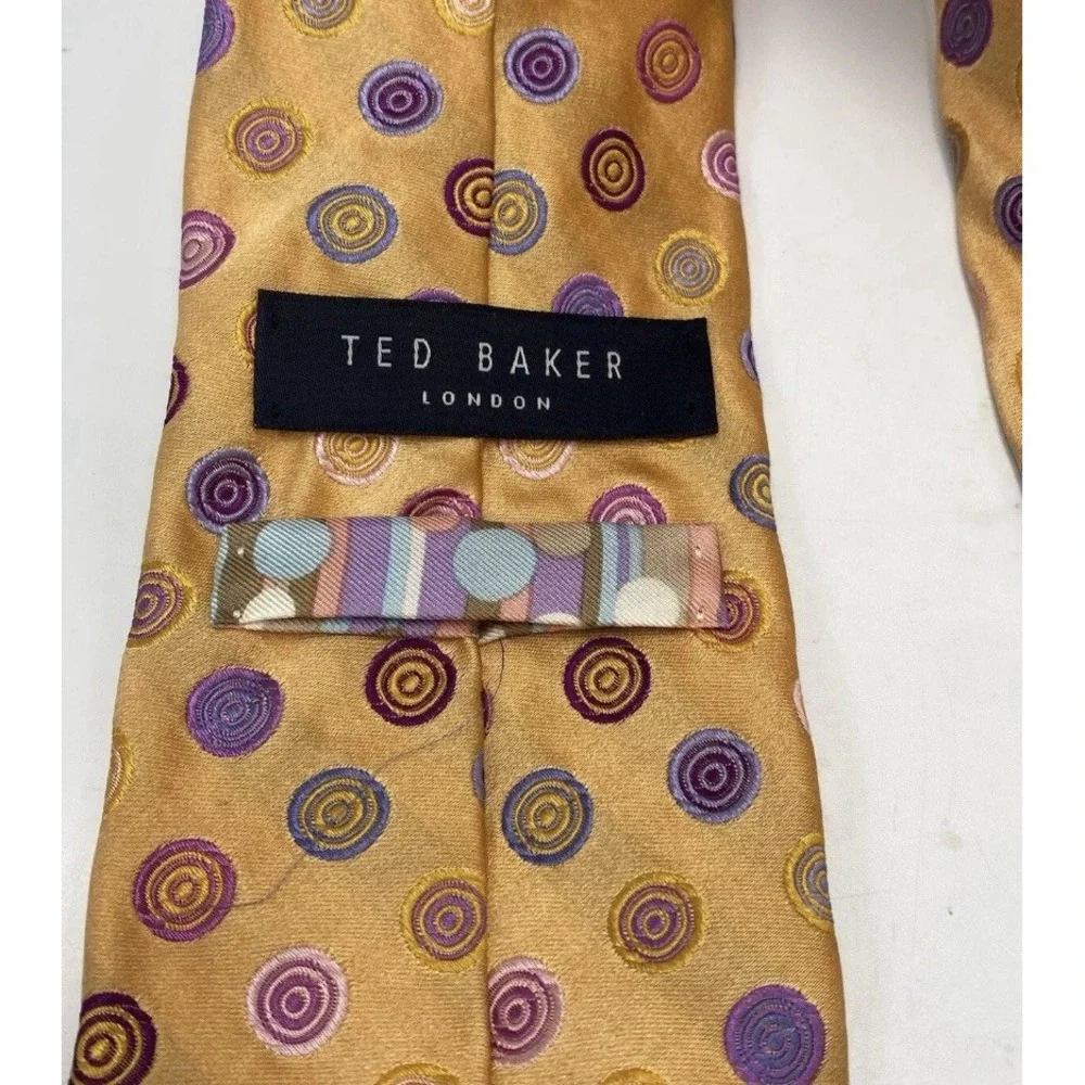 Ted Baker Mens 100% Silk Woven Neck Tie Yellow Orange‎ Multicolor Circles